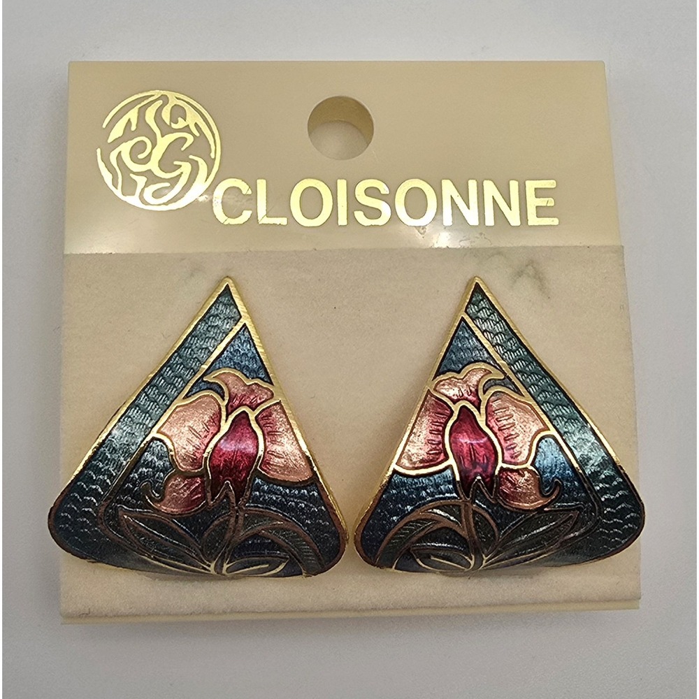Vintage Cloisonne Floral Enamel Triangle Clip On Earrings Taiwan ROC NOS -3584